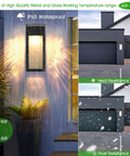 Outdoor view of Solar Outdoor Lights 4 Pack with Metal Seeded Glass Fence and Wall Mounts Auto On Off Waterproof.