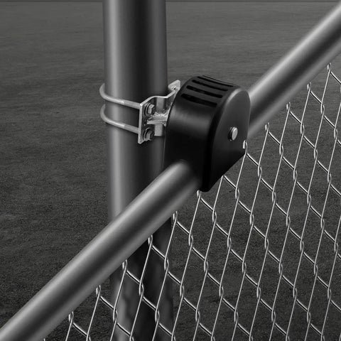 Close-up of a Workhorse Sliding Gate Kit with U-Shaped Wheel Groove attached to chain-link gate, showing black rustproof bracket and waterproof cover.