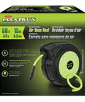 Packaging of Retractable Enclosed Plastic Air Hose Reel Three Eighths Inch By Fifty Foot Heavy Duty Lightweight Hybrid ZillaGreen