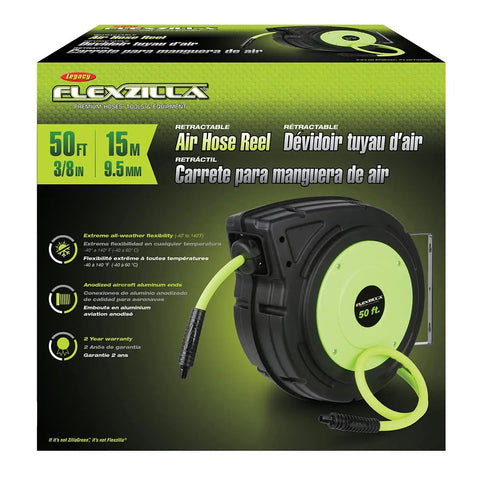 Packaging of Retractable Enclosed Plastic Air Hose Reel Three Eighths Inch By Fifty Foot Heavy Duty Lightweight Hybrid ZillaGreen