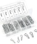 R Shaped Cotter Pin Hairpins Kit In 304 Stainless Steel, 150 Piece Assortment Across 6 Popular Sizes, shown in plastic case