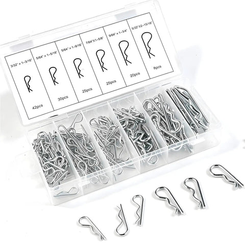 R Shaped Cotter Pin Hairpins Kit In 304 Stainless Steel, 150 Piece Assortment Across 6 Popular Sizes, shown in plastic case