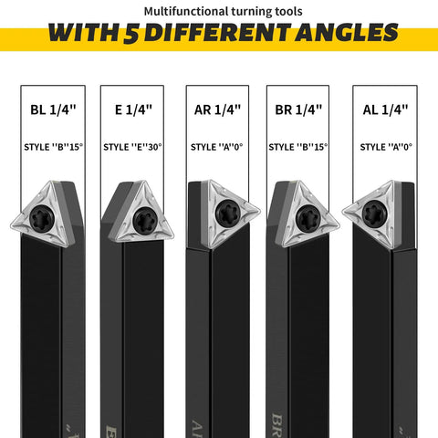 Five Sets Of One Quarter Inch Carbide Lathe Tool Bits For Indexable Turning Metal Lathe Tools with different angle inserts visible