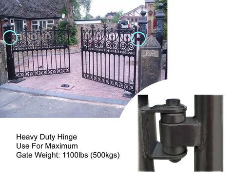 Beefy Built Heavy Duty Industrial Gate Hinges For Swing Gates Weld On To Large Iron Or Steel Vehicular Gates Up To 1100 Pounds Per Pair With Silent Operation And High Temperature Sealed Bearings Maintenance Free on wrought iron swing gate