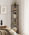 Five Tier Corner Shelving Unit Super Sturdy Storage Rack No Fuss Setup in modern bedroom, featuring books and decor.