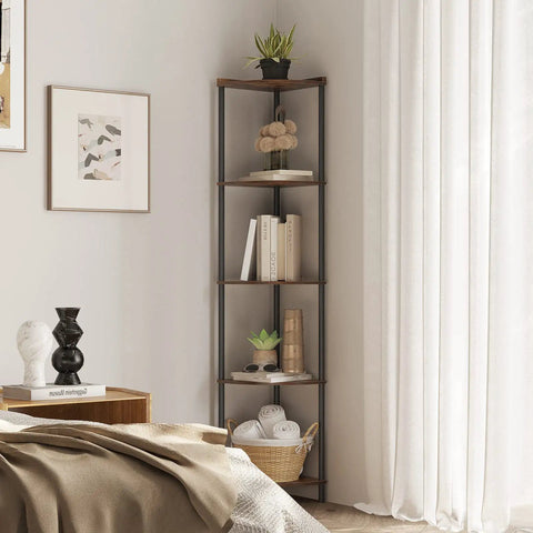 Five Tier Corner Shelving Unit Super Sturdy Storage Rack No Fuss Setup in modern bedroom, featuring books and decor.