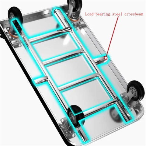 Heavy Duty Stainless Steel Platform Hand Truck Hella Durable Push Cart with visible load-bearing steel crossbeams and wheels.