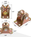 Eight Pack 1.2 Inch V Groove Gate Casters With Brackets For Inverted Tracks, 661 Lb Capacity Per Wheel, Heavy Duty Sliding Gate Wheels For Garage Doors And Industrial Equipment, Galvanized Steel Caster Wheel System close-up with dimensions.