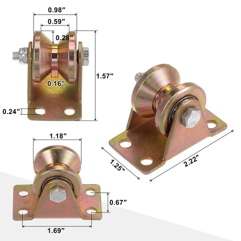 Eight Pack 1.2 Inch V Groove Gate Casters With Brackets For Inverted Tracks, 661 Lb Capacity Per Wheel, Heavy Duty Sliding Gate Wheels For Garage Doors And Industrial Equipment, Galvanized Steel Caster Wheel System close-up with dimensions.
