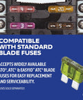 Close-up of standard blade fuses compatible with Dual Bus Blade Fuse Block With Ground And Cover Twelve Fused Circuits 100 Amp