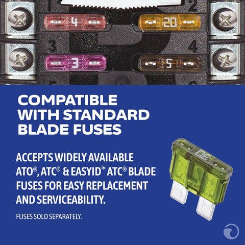 Close-up of standard blade fuses compatible with Dual Bus Blade Fuse Block With Ground And Cover Twelve Fused Circuits 100 Amp