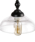 Close-up of Farmhouse Chandelier Hanging Light Fixture in Rustic Black Metal with Clear Glass Shade and Vintage Bulb
