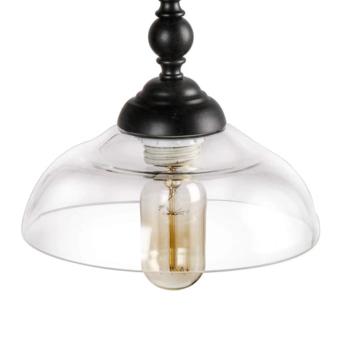 Close-up of Farmhouse Chandelier Hanging Light Fixture in Rustic Black Metal with Clear Glass Shade and Vintage Bulb
