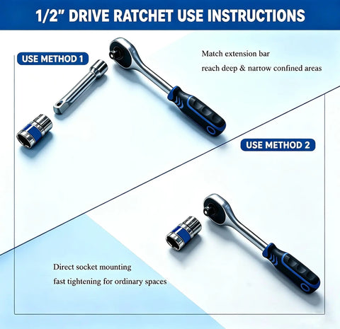 Instructions on using Beefy 12 Piece Socket Wrench Set With Half Inch Drive 10 To 24mm Metric Sockets 45 Tooth Ratchet