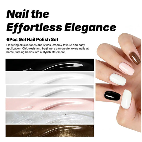 Hand displaying nail colors from Six 16ml Gel Nail Polish Set With Milk White Pink Black 9D Cat Eye Glitter LED Soak Off Nail Kit