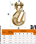 3/8 Inch Clevis Grab Hook Set, Heavy Duty Forged Steel Rigging Hooks, 6,600 Lbs Working Load Limit, size and dimensions chart
