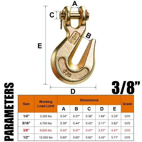 3/8 Inch Clevis Grab Hook Set, Heavy Duty Forged Steel Rigging Hooks, 6,600 Lbs Working Load Limit, size and dimensions chart