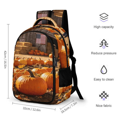 Fall Farmer Pumpkin Barn printed unisex backpack with large capacity, polyester design, showing pumpkin and barn print.