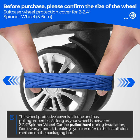 Blue silicone luggage wheel cover installed on a 2-2.4 inch spinner wheel.
