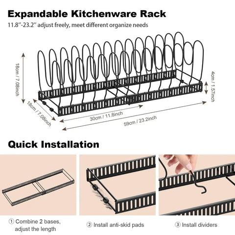 Expandable Pot And Pan Organizer Rack For Cabinet With 14 Adjustable Dividers To Hold Lids And Pans, black finish, installation guide