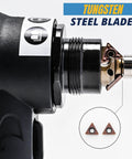 Mini pneumatic chamfering tool with tungsten-steel blade; side view shows two triangular inserts