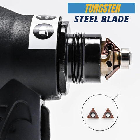 Mini pneumatic chamfering tool with tungsten-steel blade; side view shows two triangular inserts