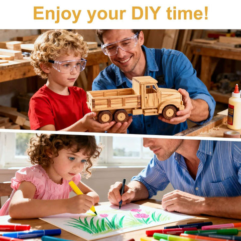 XMAXUECY basswood sheets for DIY crafts; top: man and child with wooden toy truck, bottom: adult guiding child drawing