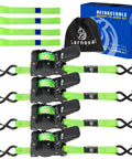 Heavy Duty Ratchet Straps One Inch By 10 Feet Four Pack Green 1500 Lb with hooks and storage bag for secure hauling.