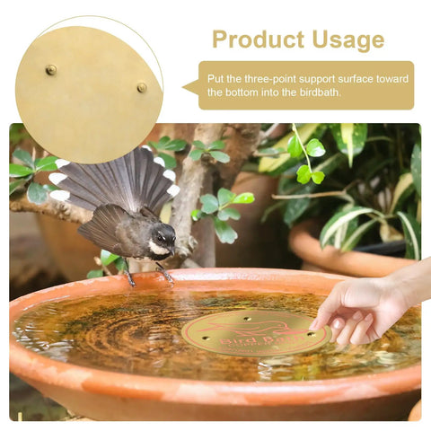 4 Piece Pure Copper Disks For Bird Baths 4 Inch Surface Protectors installed in a bird bath, shown with a bird and hand.