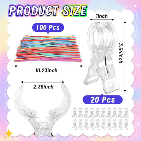 20 Pack Heavy Duty Balloon Arch Clips Plus 100 Multicolored Hot Air Balloons For Instant Birthday Party Setup, Woodworking And Studio Backdrop Spring Clamps That Are Totally Awesome And Ready To Use Right Now., 100 balloons, 20 transparent ABS clips, size chart