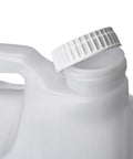 Close-up of Two Pack Two And A Half Gallon Hedpak Liquid Storage Containers With Cap Food Grade HDPE Plastic Natural Color Heavy Duty Cap With Foam Liner Tight Seal For Shipping And Storing Liquids.