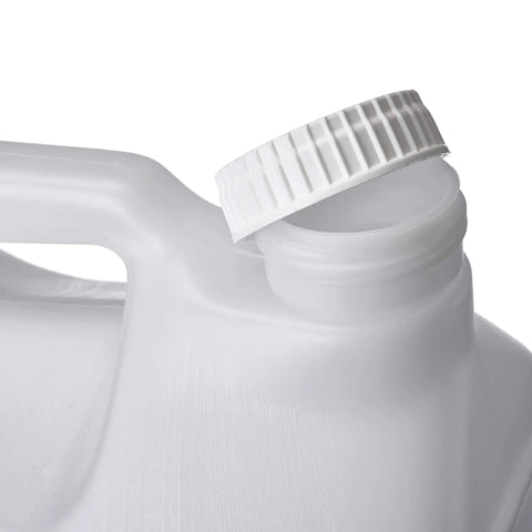 Close-up of Two Pack Two And A Half Gallon Hedpak Liquid Storage Containers With Cap Food Grade HDPE Plastic Natural Color Heavy Duty Cap With Foam Liner Tight Seal For Shipping And Storing Liquids.