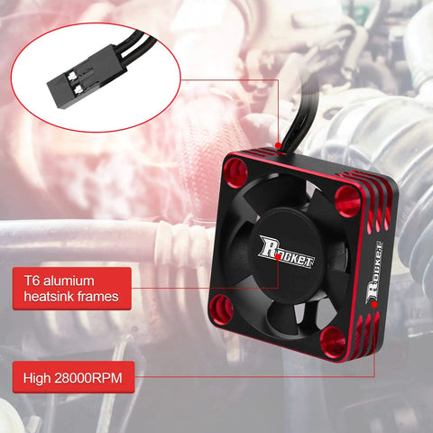 Heavy Duty 30mm RC Motor Cooling Fan With Heatsink, 28,000 RPM ESC Cooler in black and red with aluminum, wiring detail