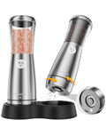 Sleek Stainless Steel Electric Salt And Pepper Grinder Set With Led Light, Adjustable Coarseness, Rechargeable Battery, Storage Base, Premium Automated Spice Mill For Modern Kitchen Gadgets on black base.