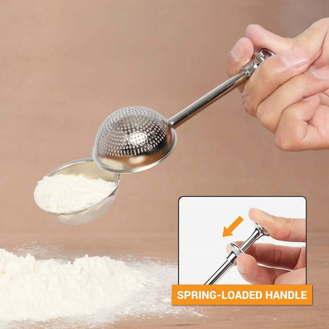 Flour Duster For Baking One Handed Operation Stainless Steel Powdered Sugar Shaker with spring-loaded handle in use