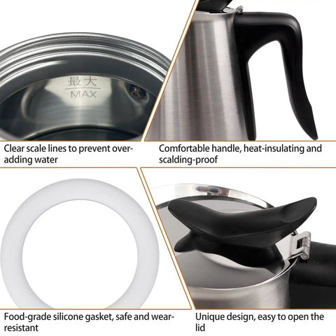 Electric Aluminum Moka Pot For 5 To 6 Cup Espresso Maker With Detachable Base features and close-up details