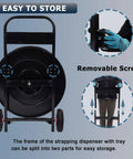 Heavy Duty Banding Cart And Dispenser For 8x8 And 16x16 Strapping, Built In Tool Tray For Seals And Tensioner, Durable Black Frame, Compatible With Steel, Poly, PET And Fiber Straps, split frame