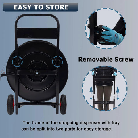 Heavy Duty Banding Cart And Dispenser For 8x8 And 16x16 Strapping, Built In Tool Tray For Seals And Tensioner, Durable Black Frame, Compatible With Steel, Poly, PET And Fiber Straps, split frame