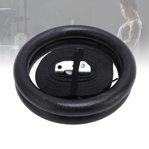 Close-up of Gymnastic Rings With Straps Heavy Duty Up To Six Hundred Sixty One Lb Load Bearing Workout Equipment For Home Gym