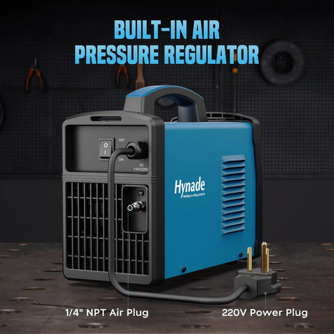 55A Plasma Cutter With Dual Voltage 110 And 220 Volt, Inverter IGBT Technology, Large LED Display shown with air plug and 220V power plug