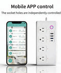 Slick WiFi Smart Power Strip With Eight Plug And Play Outlets Delivering Solid Surge Protection Alongside Pd 20W USB C Fast Charging That Plays Nice With Alexa Or Google For Hassle Free Home Setup, showing app control and four AC outlets.