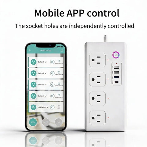 Slick WiFi Smart Power Strip With Eight Plug And Play Outlets Delivering Solid Surge Protection Alongside Pd 20W USB C Fast Charging That Plays Nice With Alexa Or Google For Hassle Free Home Setup, showing app control and four AC outlets.