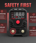 Front view of 125 Amp Mini Stick Welder With Large LED Display showing safety features and control panel, IGBT Arc Welding Machine.