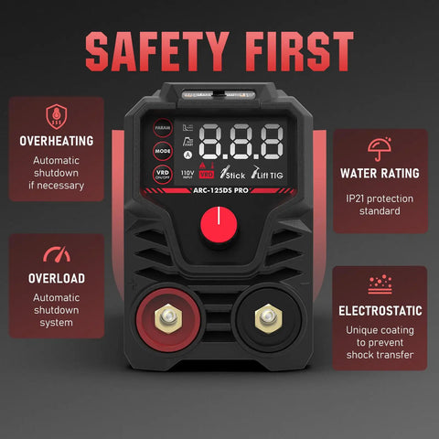 Front view of 125 Amp Mini Stick Welder With Large LED Display showing safety features and control panel, IGBT Arc Welding Machine.