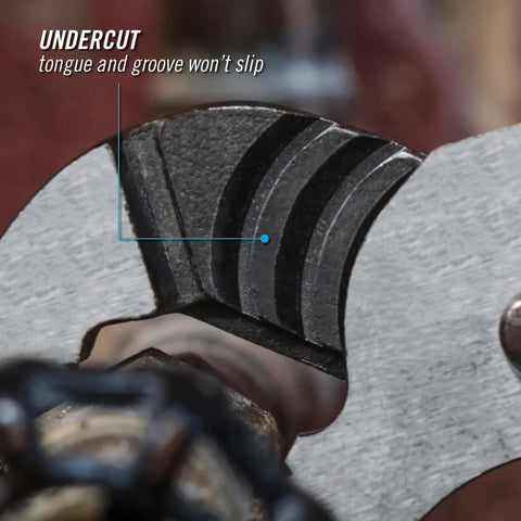 Close-up of undercut tongue and groove design on 12-inch V-Jaw Tongue and Groove Pliers, showcasing rugged metal grip.