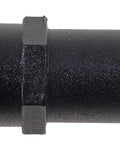 Side view of Dorman 10691 radiator overflow tube repair kit, black plastic tube with orange gasket and mounting flange.