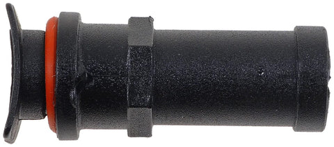 Side view of Dorman 10691 radiator overflow tube repair kit, black plastic tube with orange gasket and mounting flange.