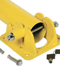 Hella Sturdy Heavy Duty Steel Fold Down Vehicle Safety Bollard With Reflective Warning Bands Lockable Top Eyelet And Wall Mount Kit For Garage Parking Protection close-up showing lock and installation screws.