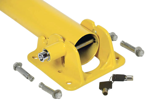 Hella Sturdy Heavy Duty Steel Fold Down Vehicle Safety Bollard With Reflective Warning Bands Lockable Top Eyelet And Wall Mount Kit For Garage Parking Protection close-up showing lock and installation screws.