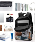 Cool Dog With Sunglasses Backpack For Men And Women Durable 600D Polyester Bookbag Lightweight 17 Inch Laptop Daypack Big Capacity Minimalist Casual Work And Travel Bag Everyday Carry Ready, open with laptop and daily items inside.
